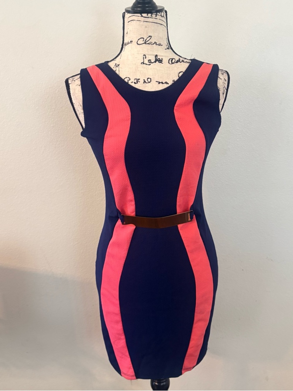 Navy Mini Dress with Coral Contrast Panels and Gold Accent